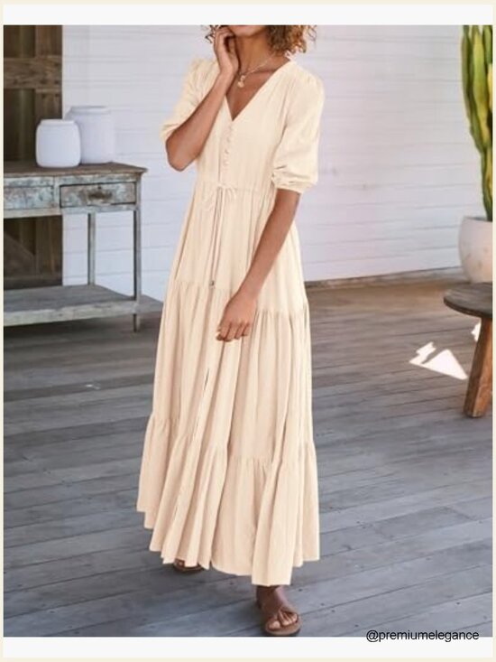 Short Sleeve V-Neck Maxi Dress with Drawstring Waist, Boho Style - Picture 5 of 7